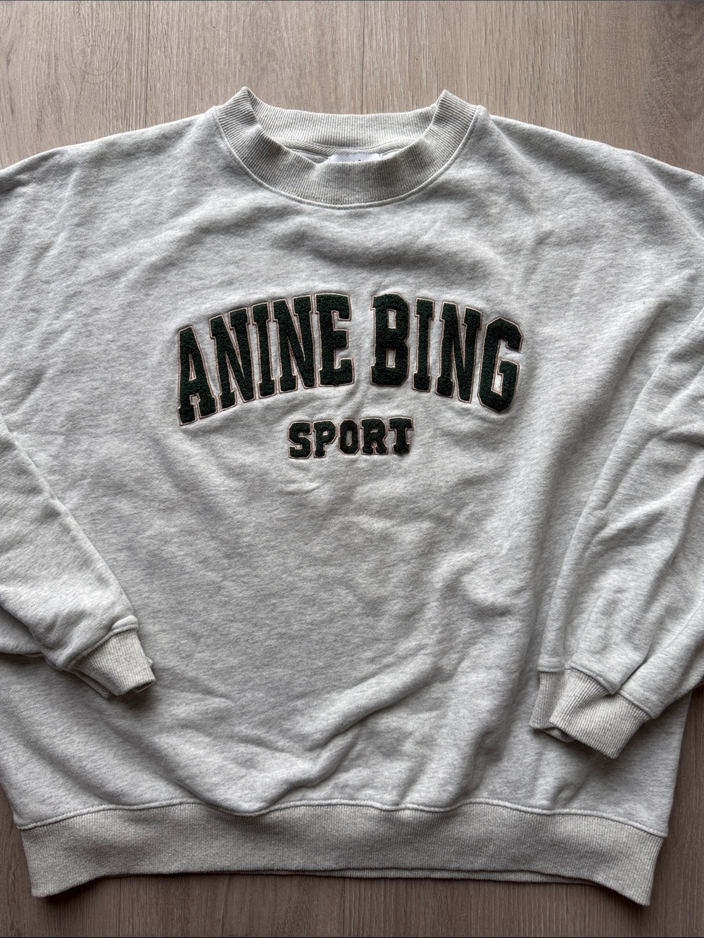 Anine Bing Heather Light Gray Crewneck Sweatshirt with Dark Green Logo